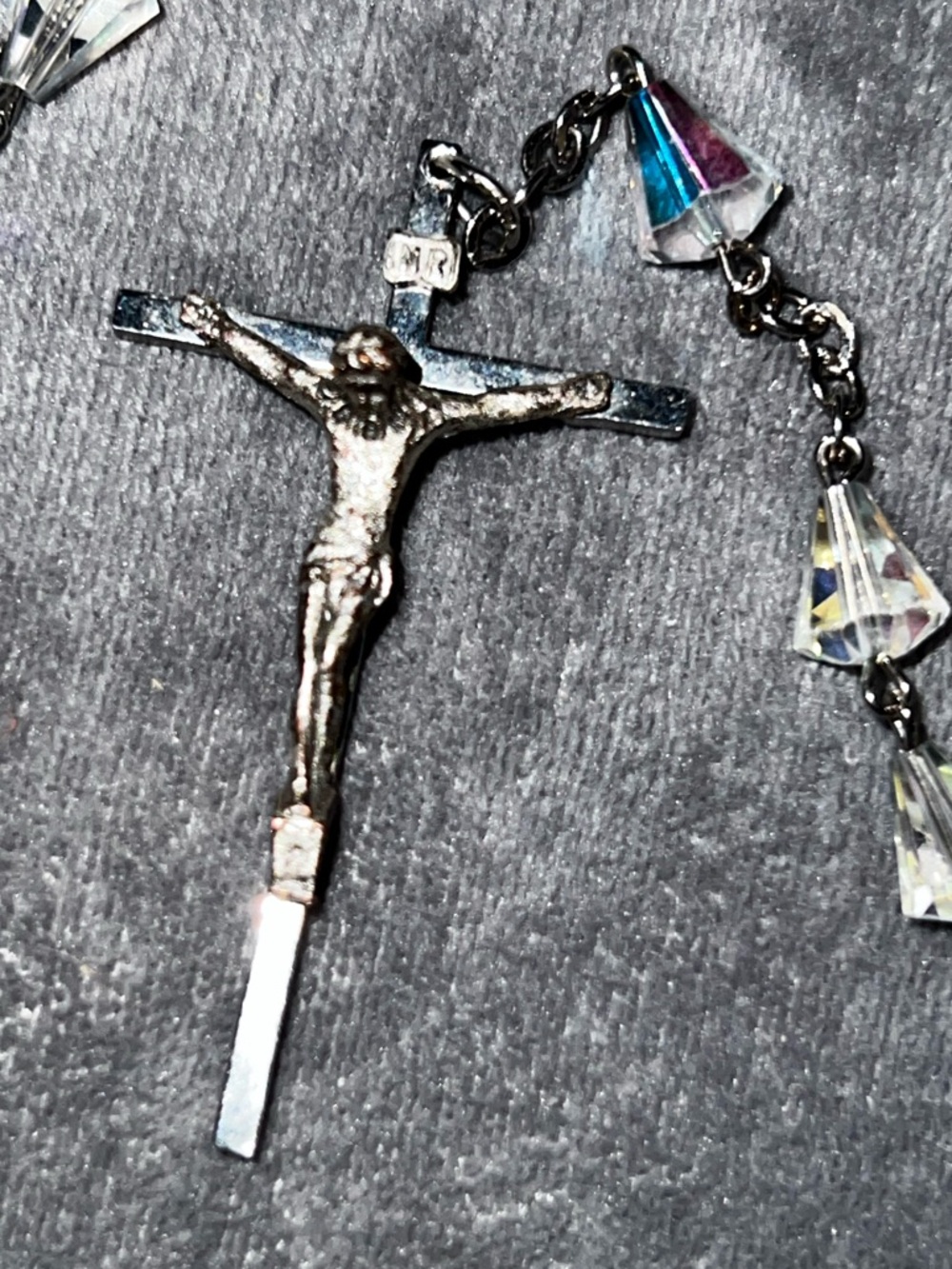 Vintage AB Iridescent Cut Crystal Bicone Silver Rosary Rosaries Necklace 30” - Picture 9 of 13